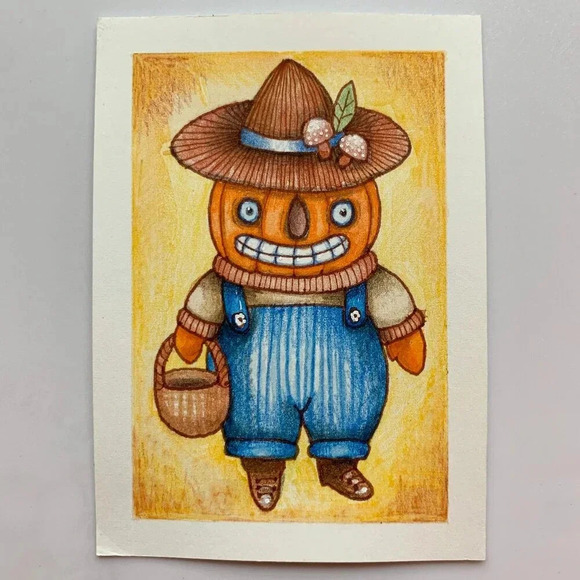 Artisan Other - OOAK Vintage Halloween Pumpkin Harvest ACEO ATC Original Art Card